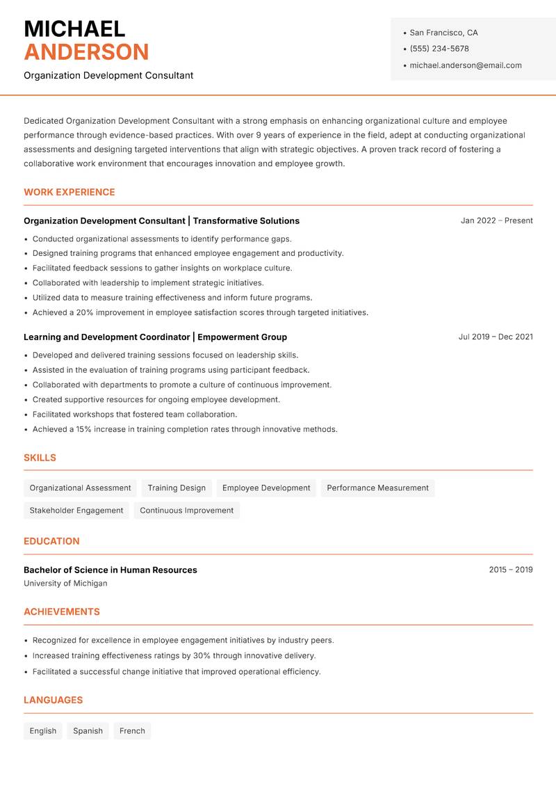 Organization Development Consultant resume sample — Organization Development Consultant focus