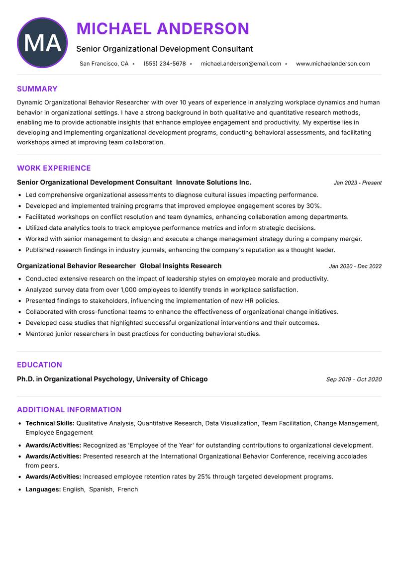 Organizational Behavior Researcher resume example