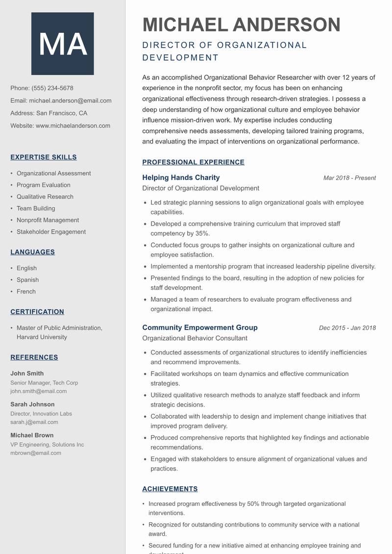 Organizational Behavior Researcher resume sample — Director of Organizational Development focus