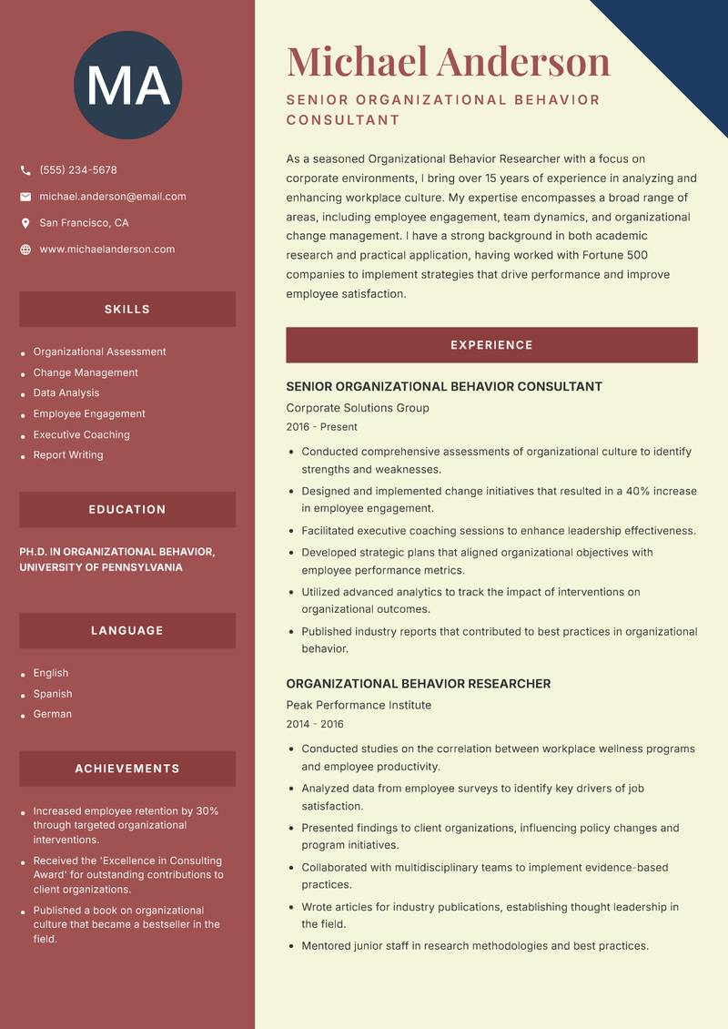 Organizational Behavior Researcher resume sample — Senior Organizational Behavior Consultant focus