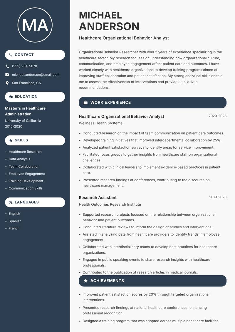 Organizational Behavior Researcher resume sample — Healthcare Organizational Behavior Analyst focus