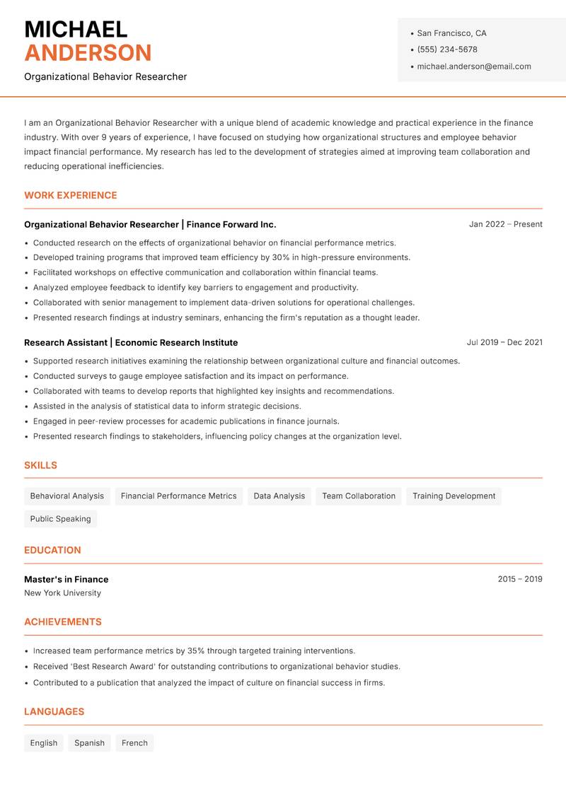 Organizational Behavior Researcher resume sample — Organizational Behavior Researcher focus