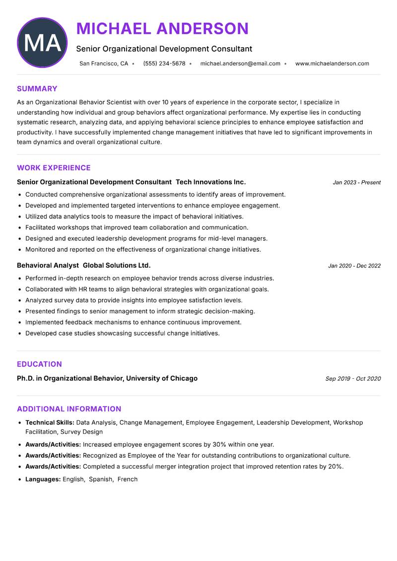 Organizational Behavior Scientist resume example