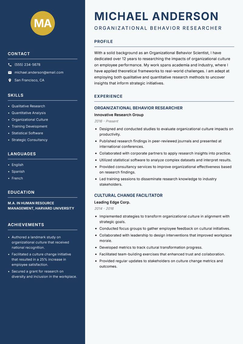 Organizational Behavior Scientist resume sample — Organizational Behavior Researcher focus