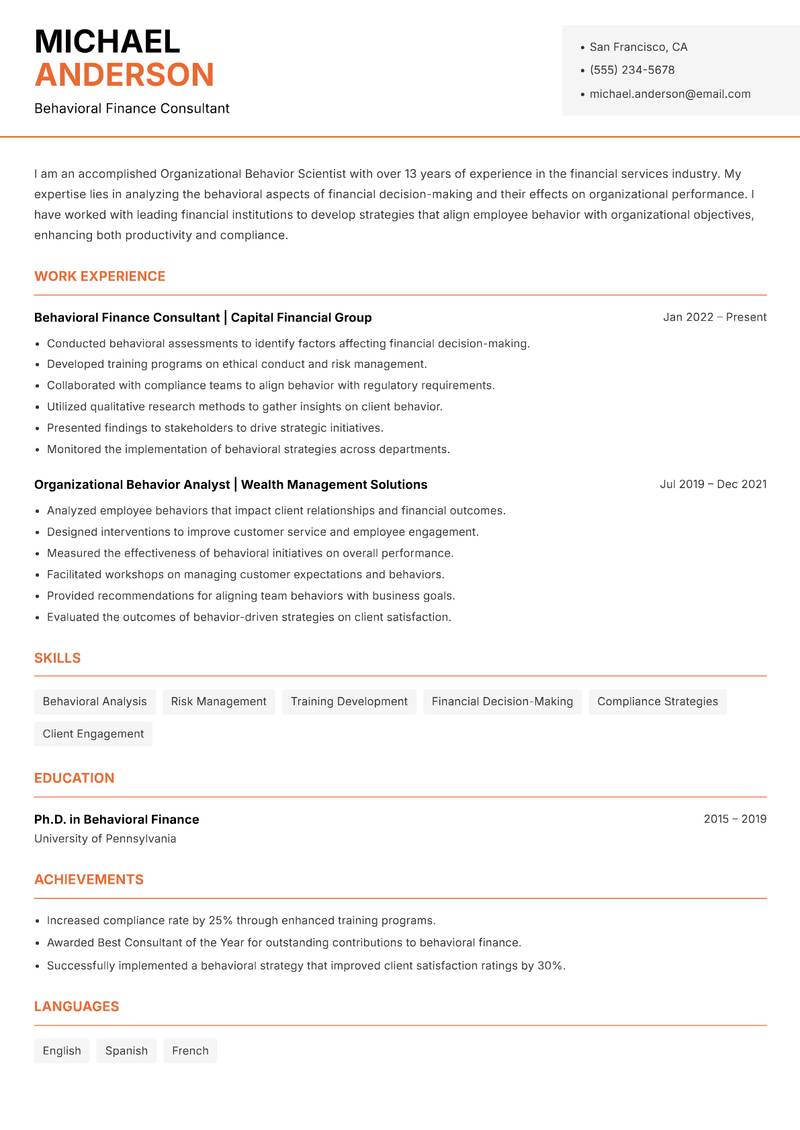 Organizational Behavior Scientist resume sample — Behavioral Finance Consultant focus