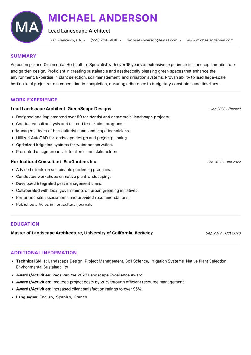 Ornamental Horticulture Specialist resume example