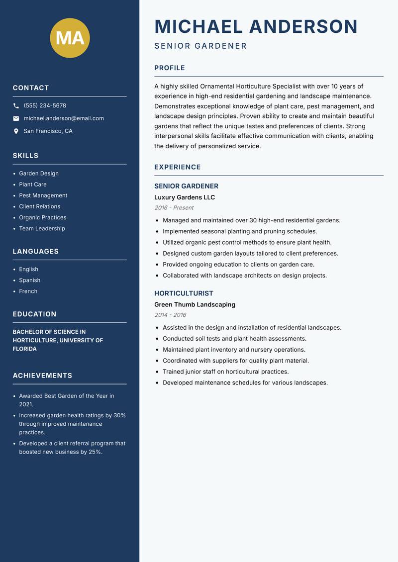 Ornamental Horticulture Specialist resume sample — Senior Gardener focus