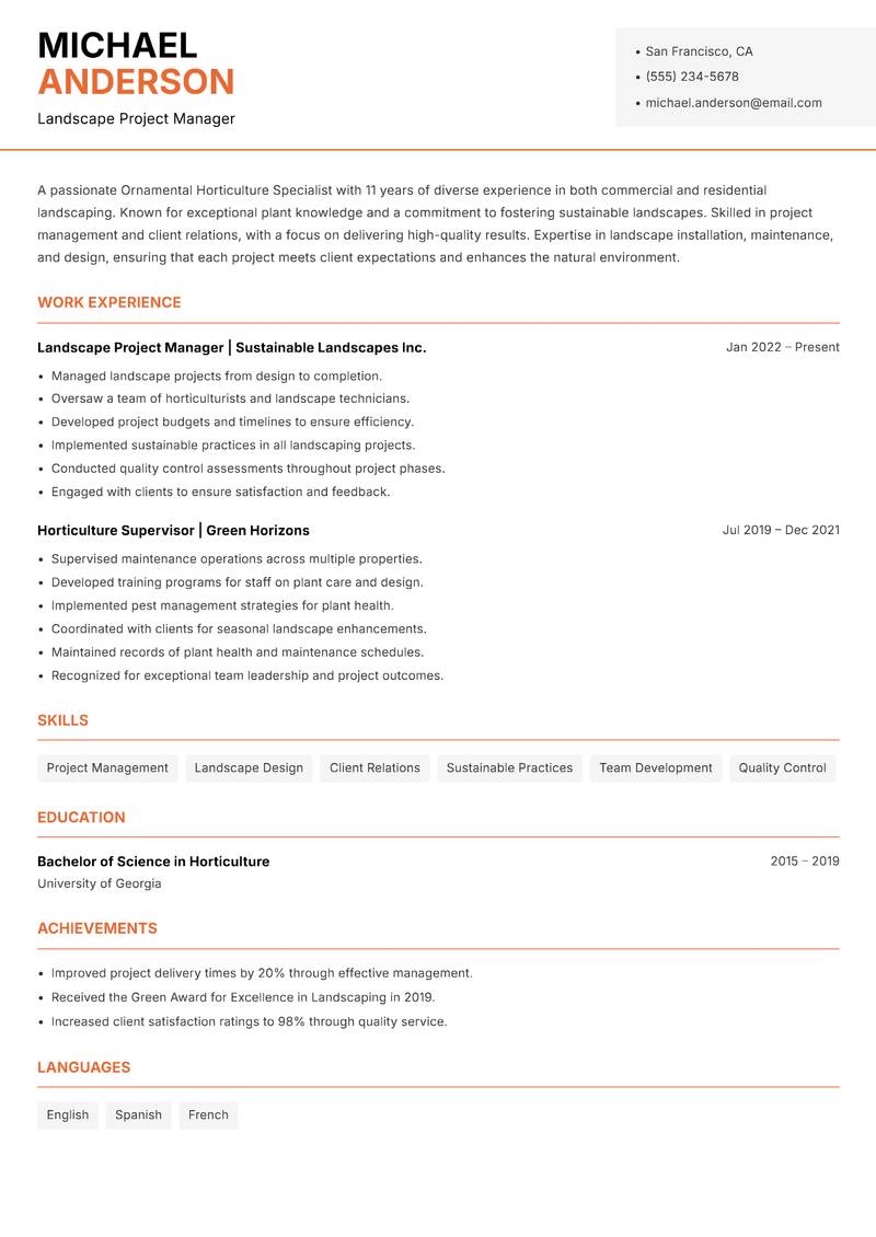 Ornamental Horticulture Specialist resume sample — Landscape Project Manager focus