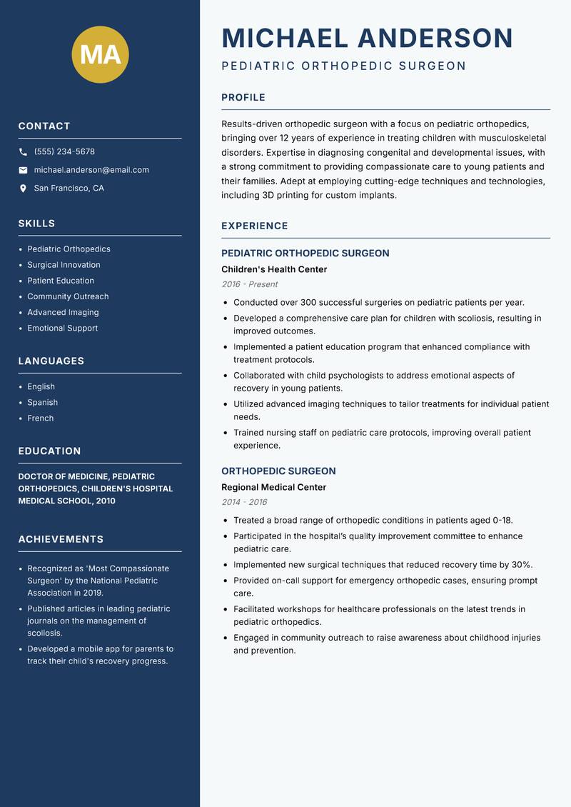 Orthopedic Surgeon resume sample — Pediatric Orthopedic Surgeon focus