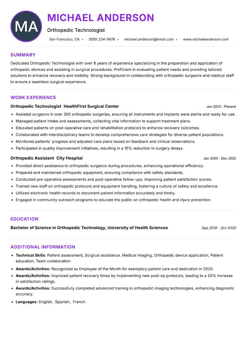 Orthopedic Technologist resume example