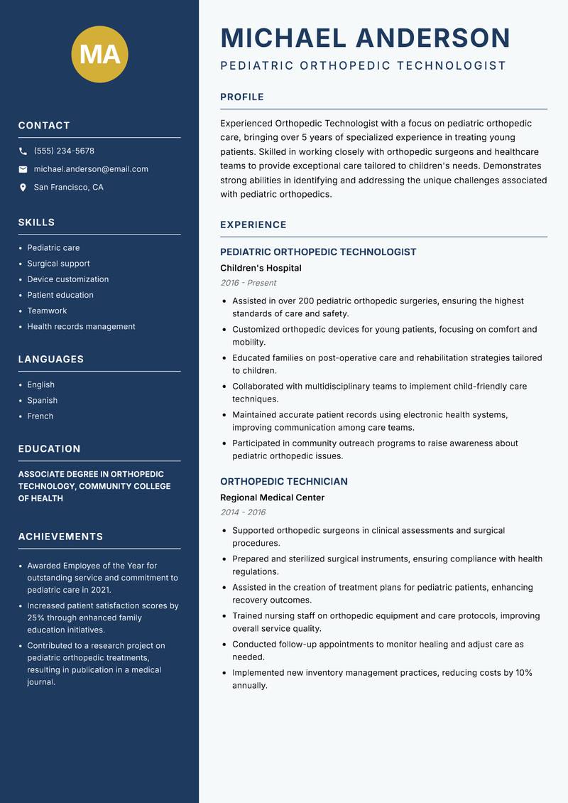 Orthopedic Technologist resume sample — Pediatric Orthopedic Technologist focus