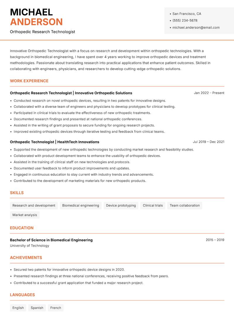 Orthopedic Technologist resume sample — Orthopedic Research Technologist focus