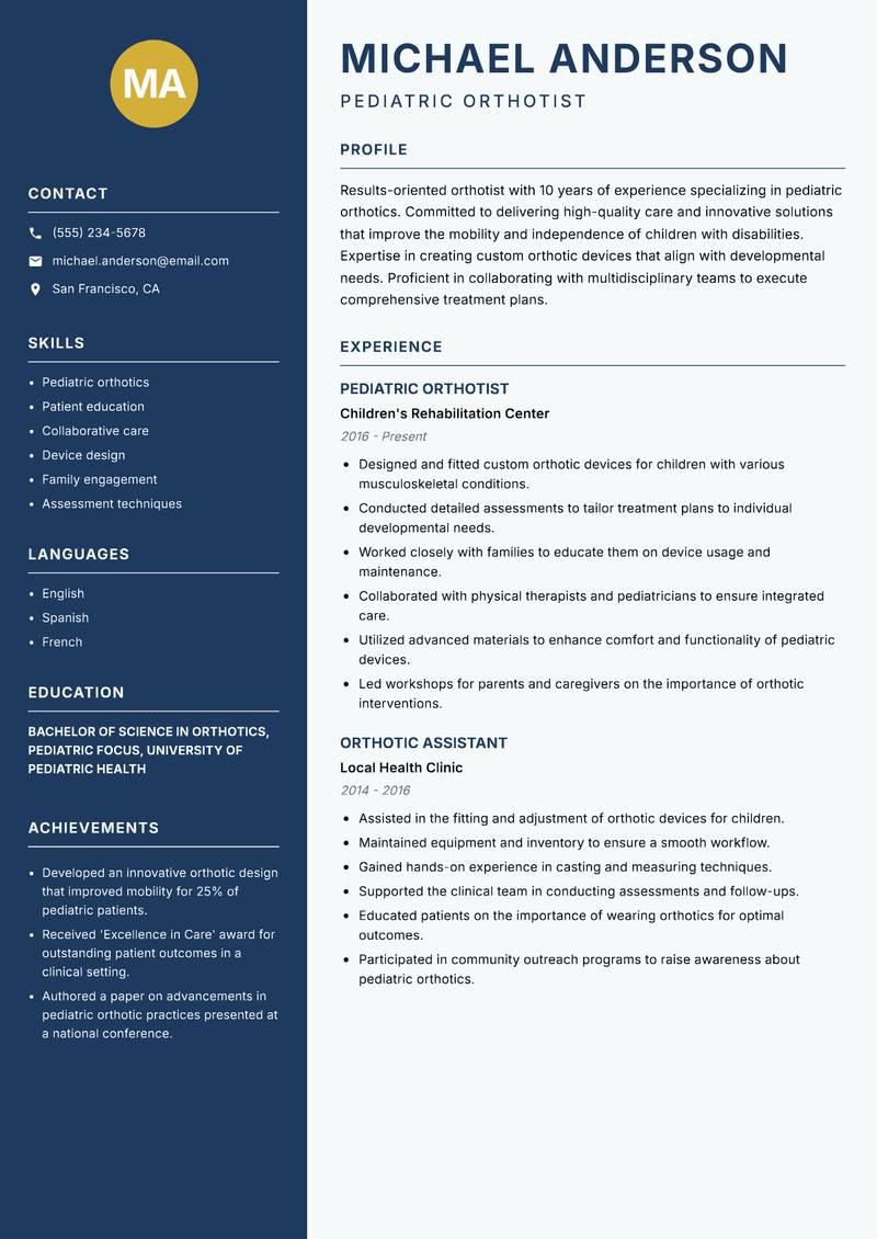 Orthotist resume sample — Pediatric Orthotist focus