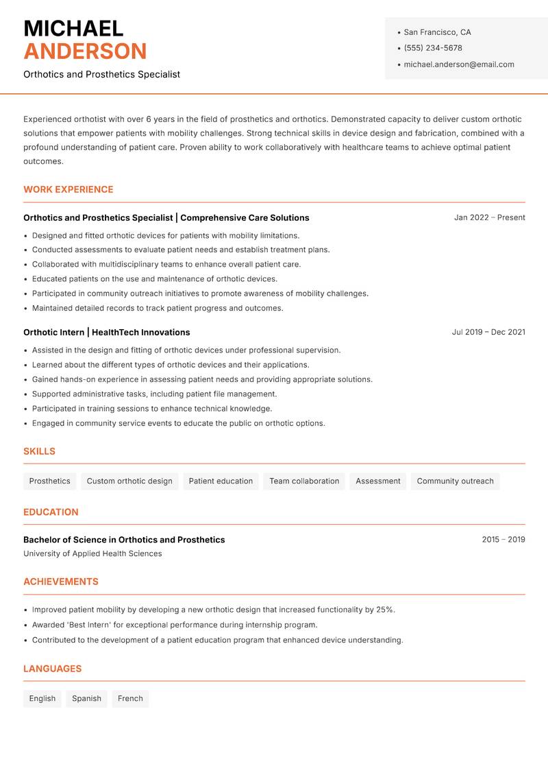 Orthotist resume sample — Orthotics and Prosthetics Specialist focus