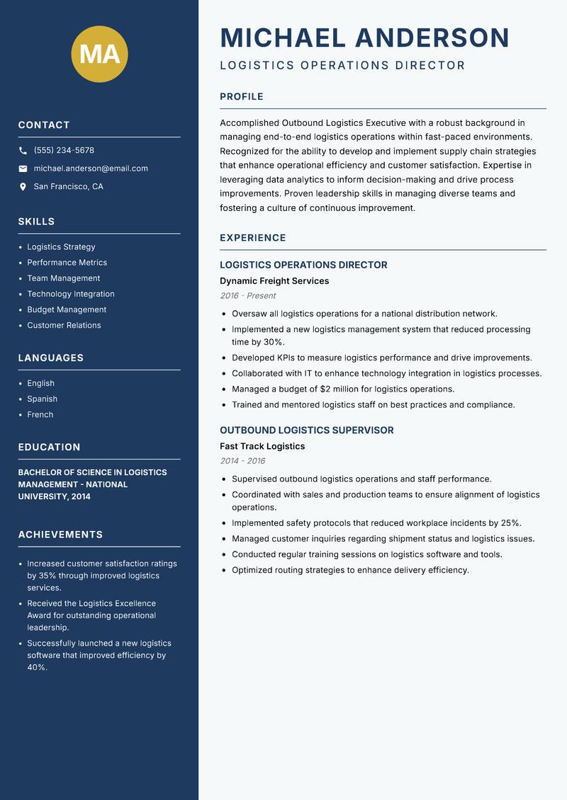 Outbound Logistics Executive resume sample — Logistics Operations Director focus