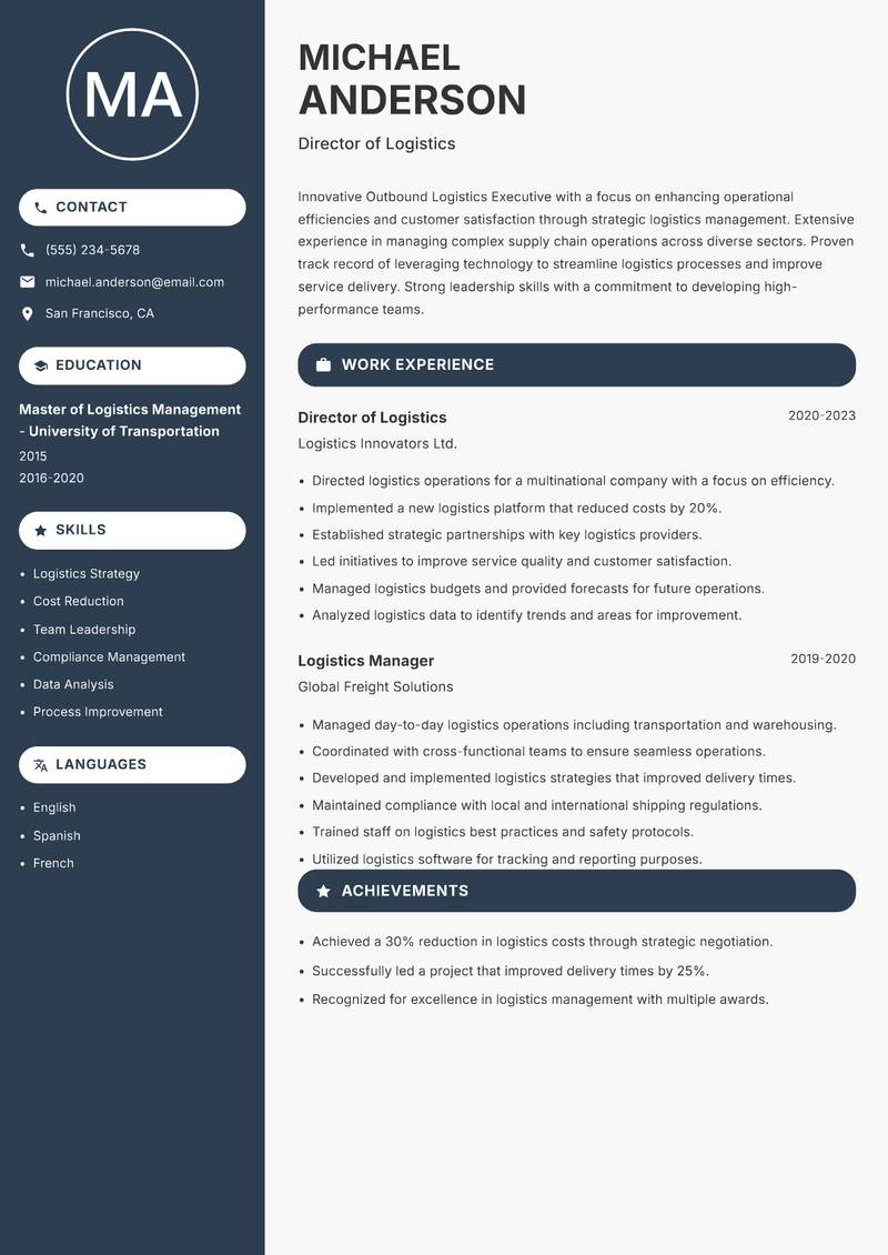 Outbound Logistics Executive resume sample — Director of Logistics focus