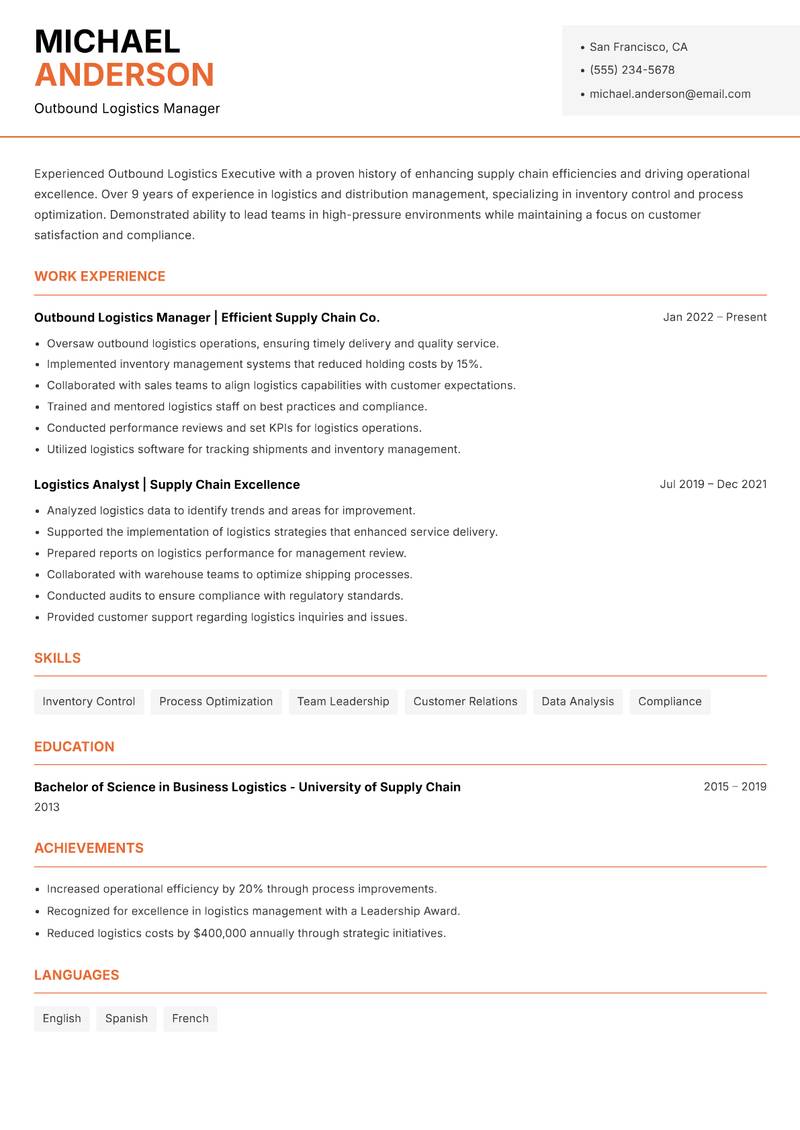 Outbound Logistics Executive resume sample — Outbound Logistics Manager focus