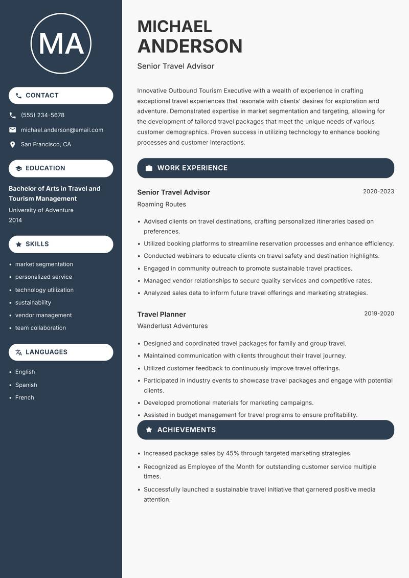 Outbound Tourism Executive resume sample — Senior Travel Advisor focus