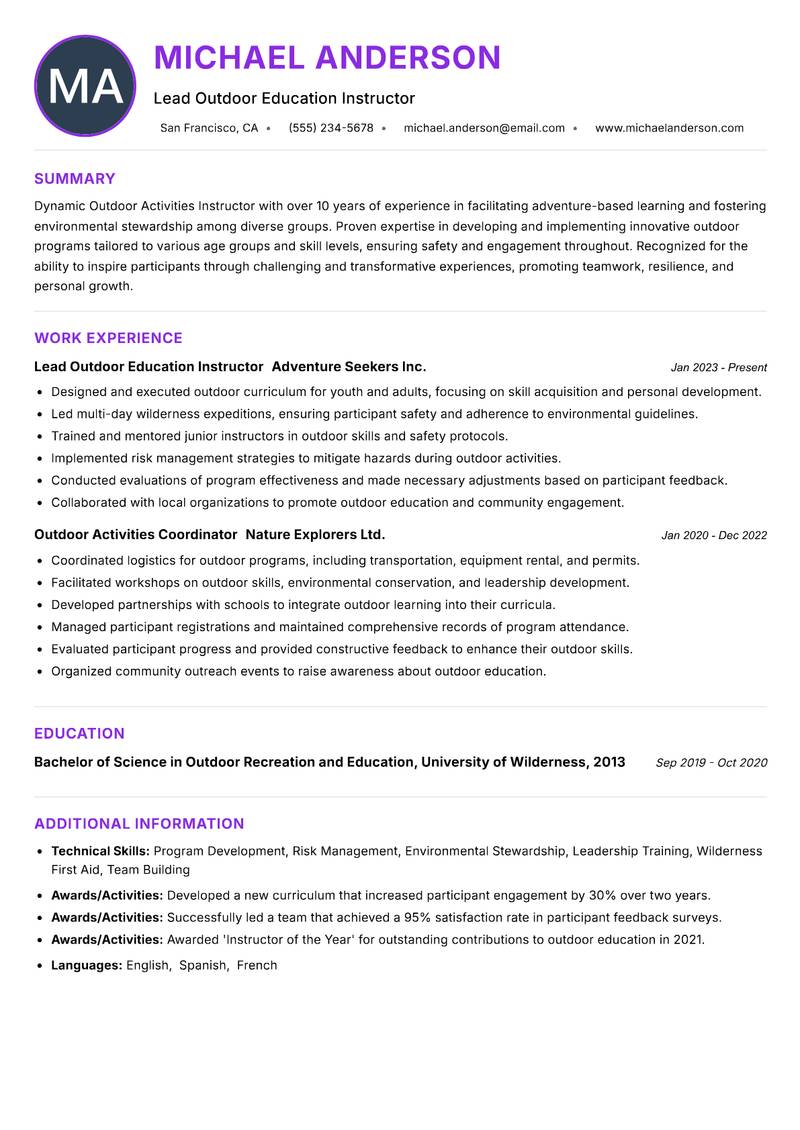 Outdoor Activities Instructor resume example