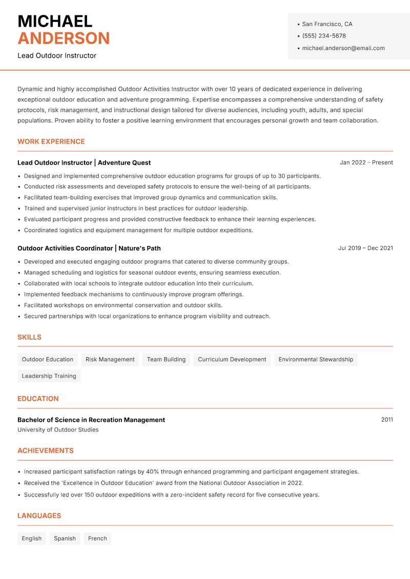 Outdoor Activities Instructor resume sample — Lead Outdoor Instructor focus