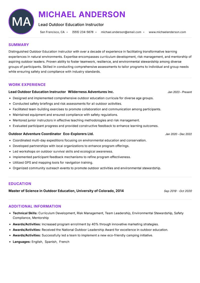 Outdoor Education Instructoreader resume example