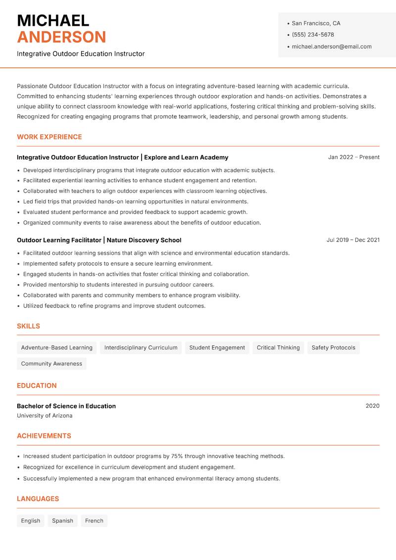 Outdoor Education Instructoreader resume sample — Integrative Outdoor Education Instructor focus