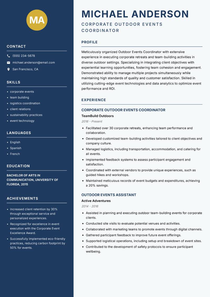 Outdoor Events Coordinator resume sample — Corporate Outdoor Events Coordinator focus