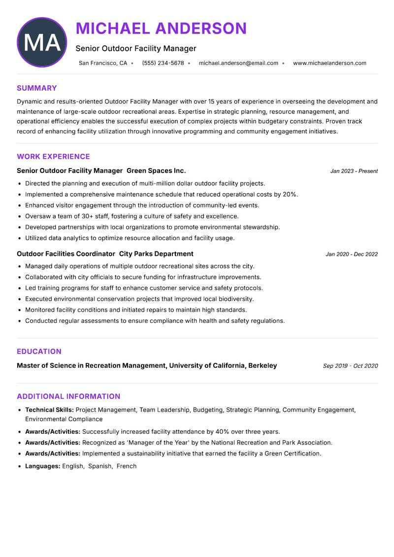Outdoor Facility Manager resume example