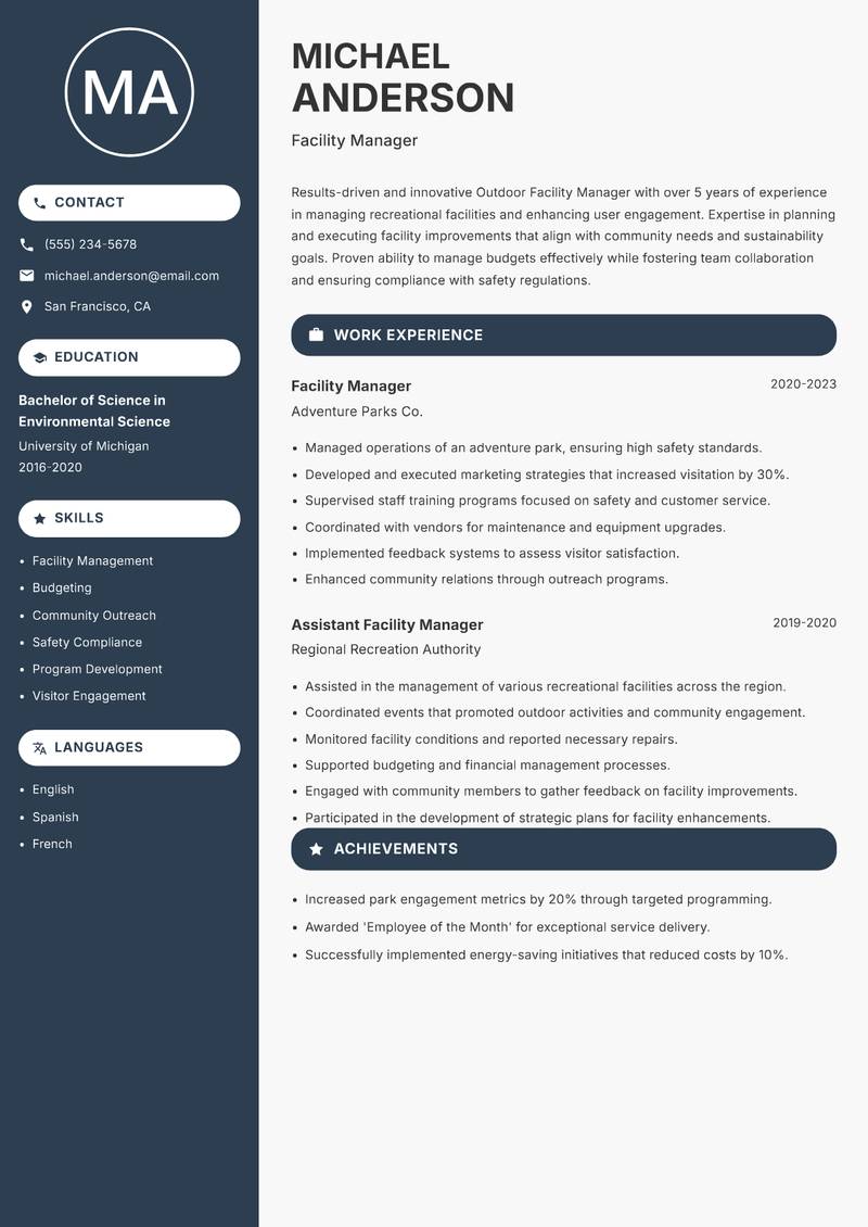 Outdoor Facility Manager resume sample — Facility Manager focus