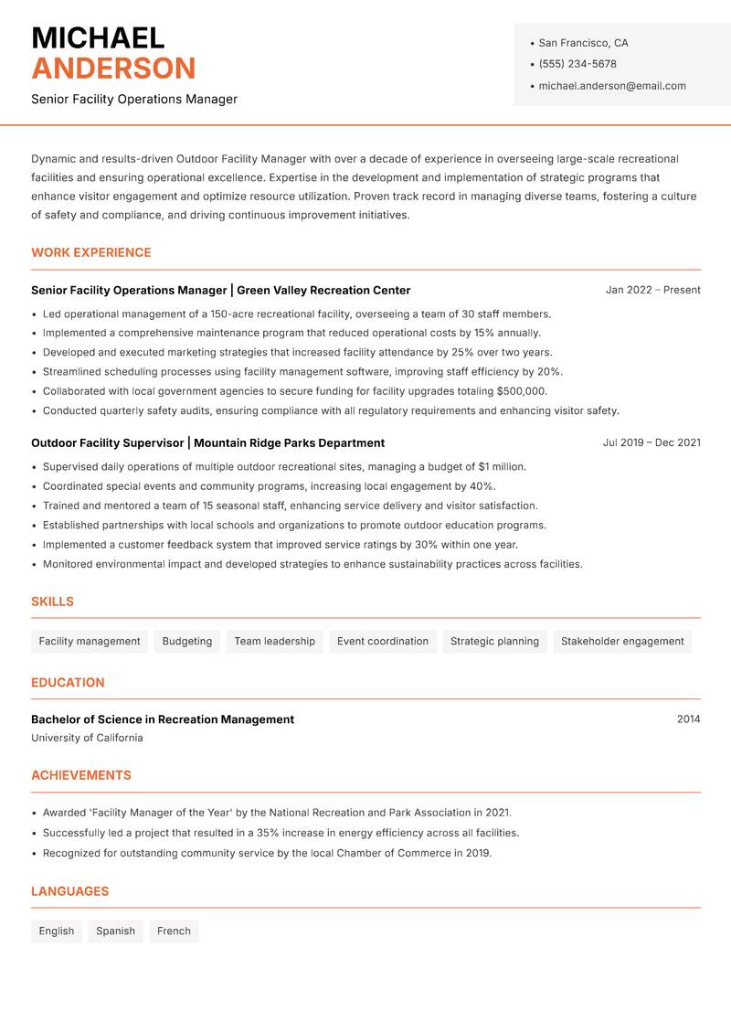Outdoor Facility Manager resume sample — Senior Facility Operations Manager focus