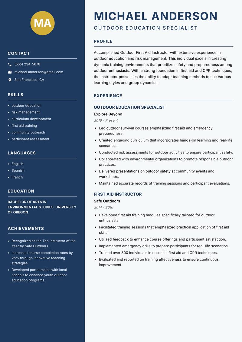 Outdoor First Aid Instructor resume sample — Outdoor Education Specialist focus