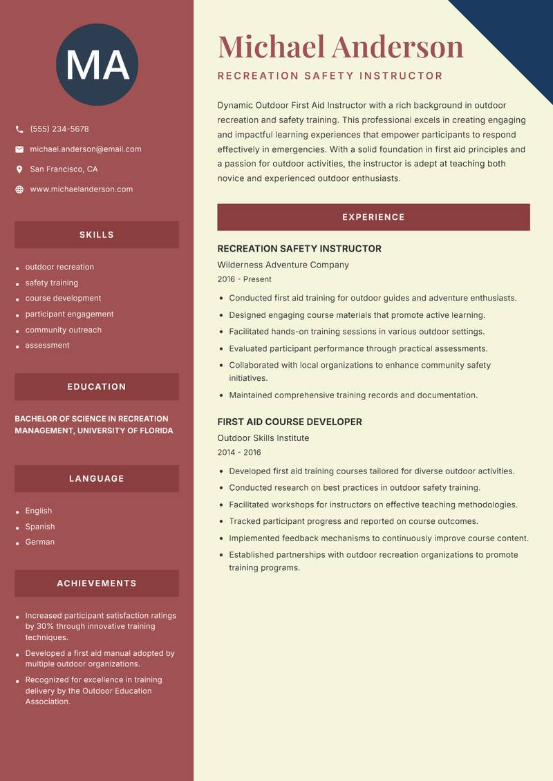 Outdoor First Aid Instructor resume sample — Recreation Safety Instructor focus