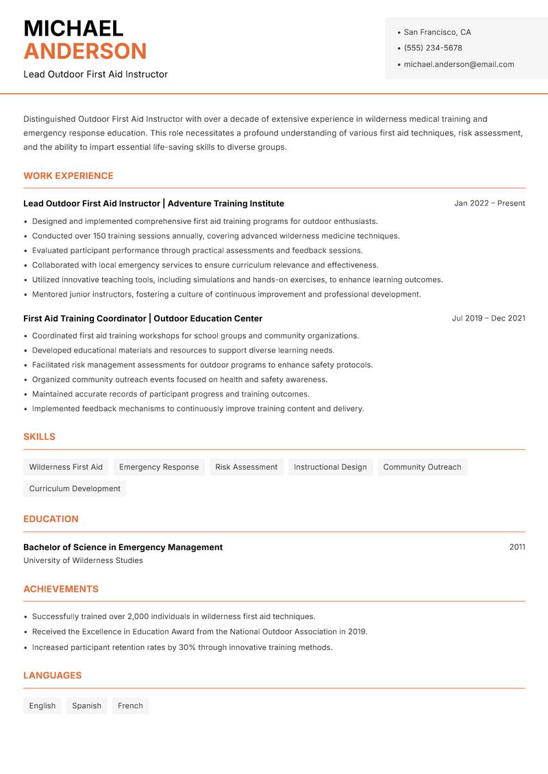Outdoor First Aid Instructor resume sample — Lead Outdoor First Aid Instructor focus