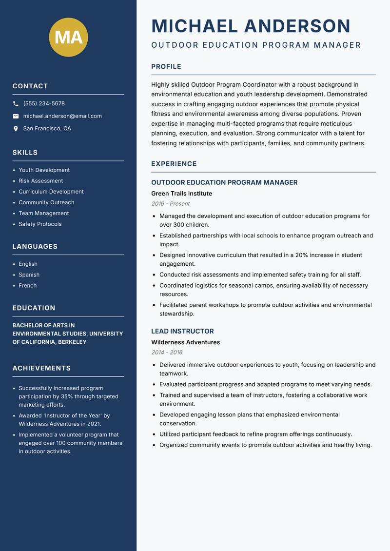 Outdoor Program Coordinator resume sample — Outdoor Education Program Manager focus
