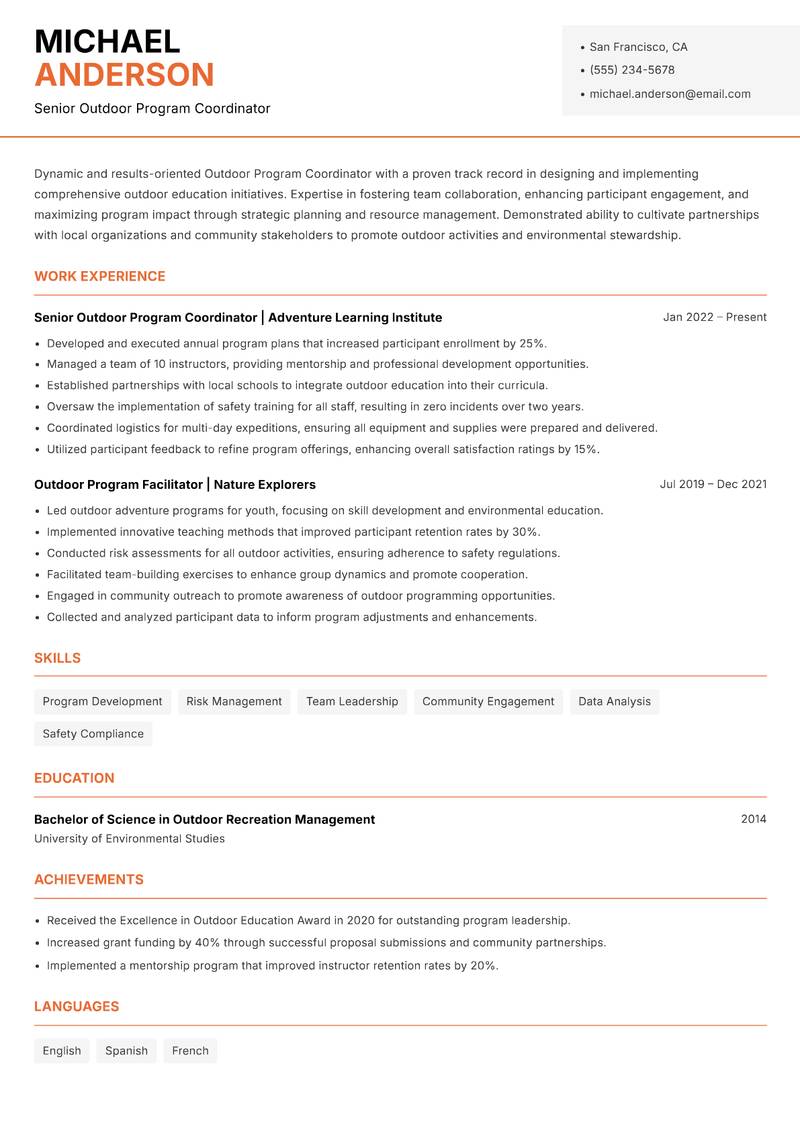 Outdoor Program Coordinator resume sample — Senior Outdoor Program Coordinator focus