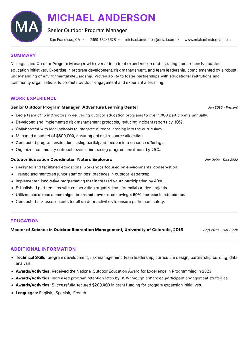 Outdoor Program Manager resume example