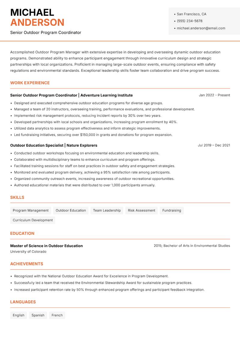 Outdoor Program Manager resume sample — Senior Outdoor Program Coordinator focus