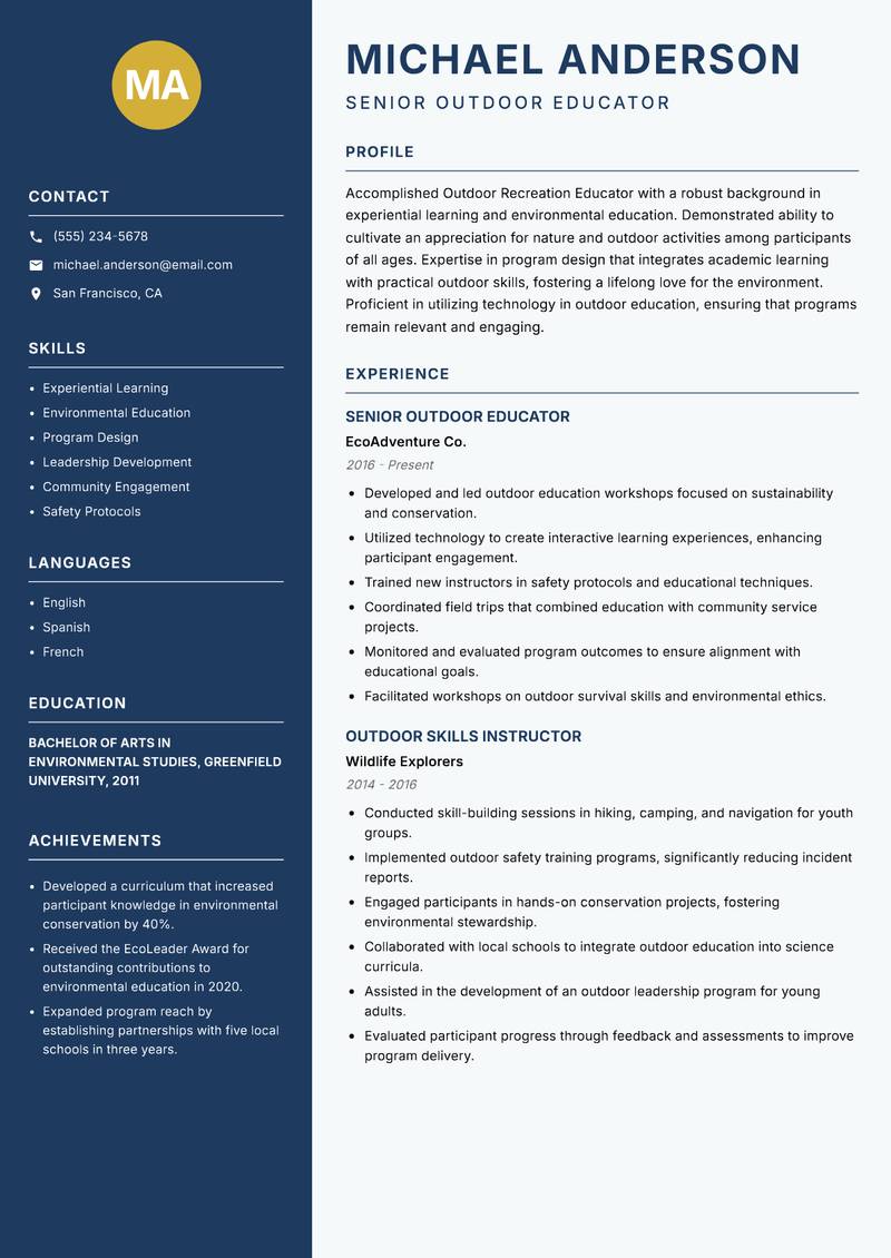 Outdoor Recreation Educator resume sample — Senior Outdoor Educator focus
