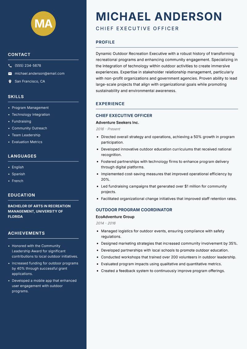 Outdoor Recreation Executive resume sample — Chief Executive Officer focus