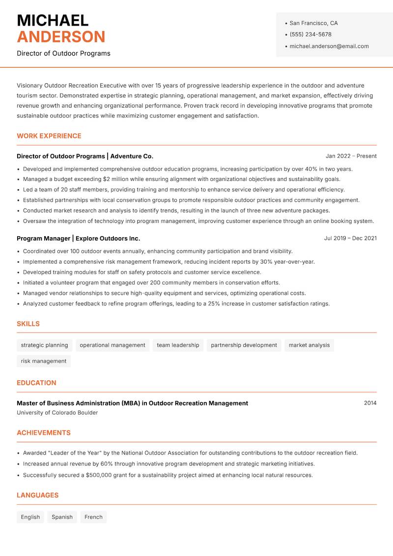 Outdoor Recreation Executive resume sample — Director of Outdoor Programs focus