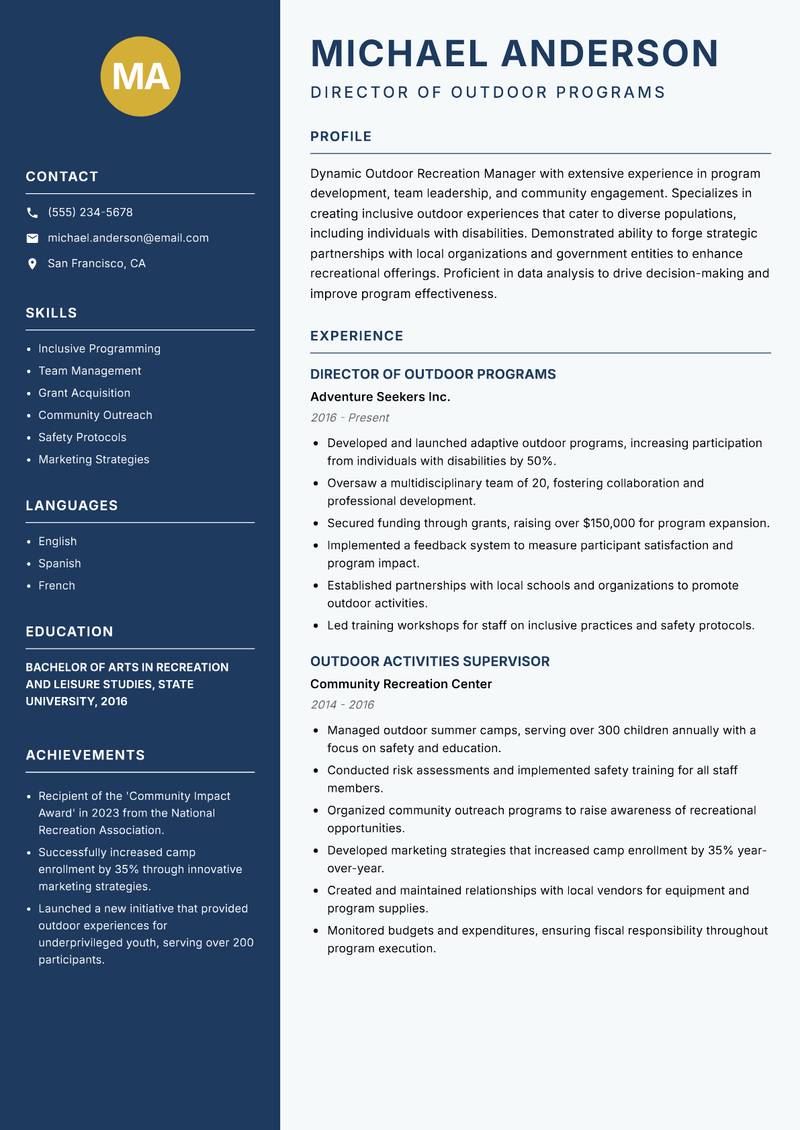 Outdoor Recreation Manager resume sample — Director of Outdoor Programs focus