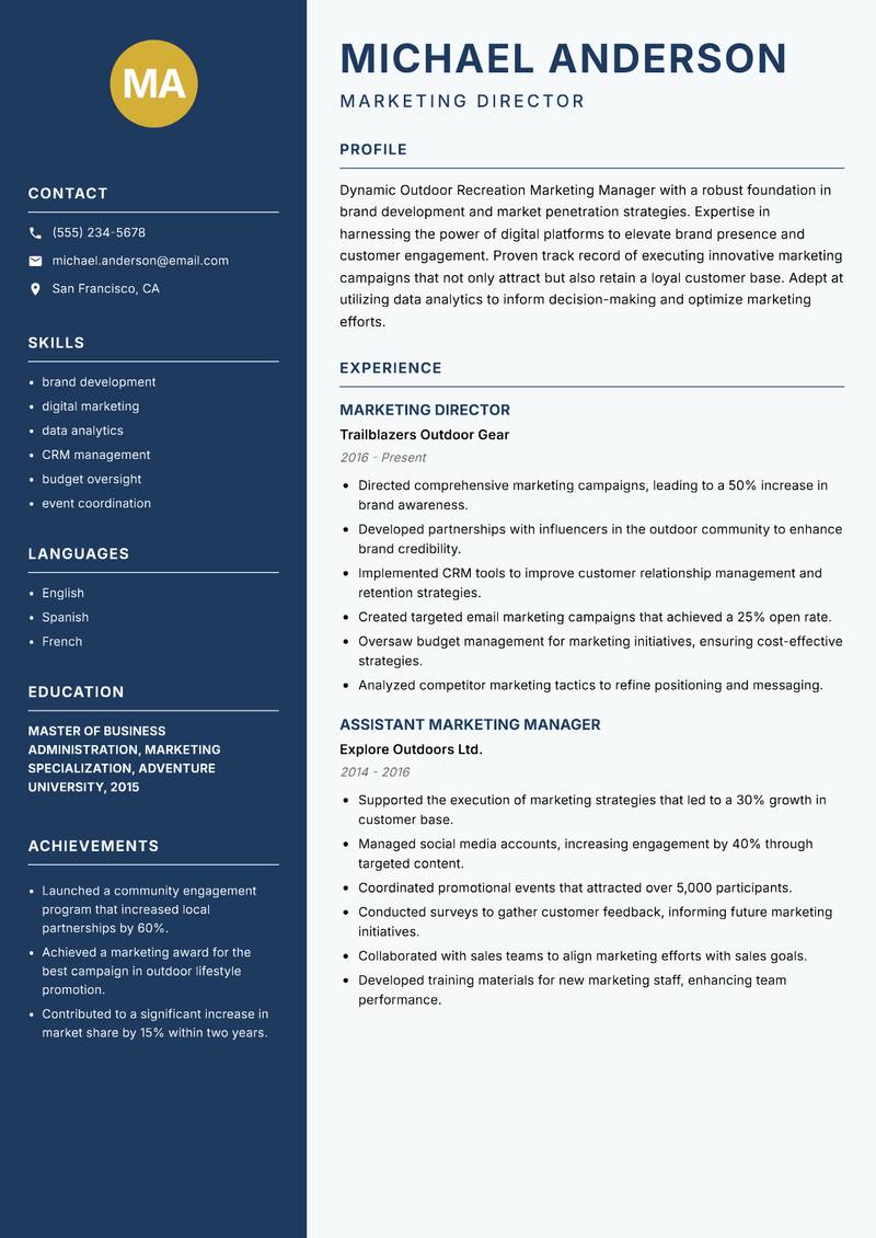 Outdoor Recreation Marketing Manager resume sample — Marketing Director focus