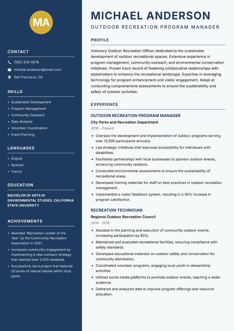 Outdoor Recreation Officer resume sample — Outdoor Recreation Program Manager focus