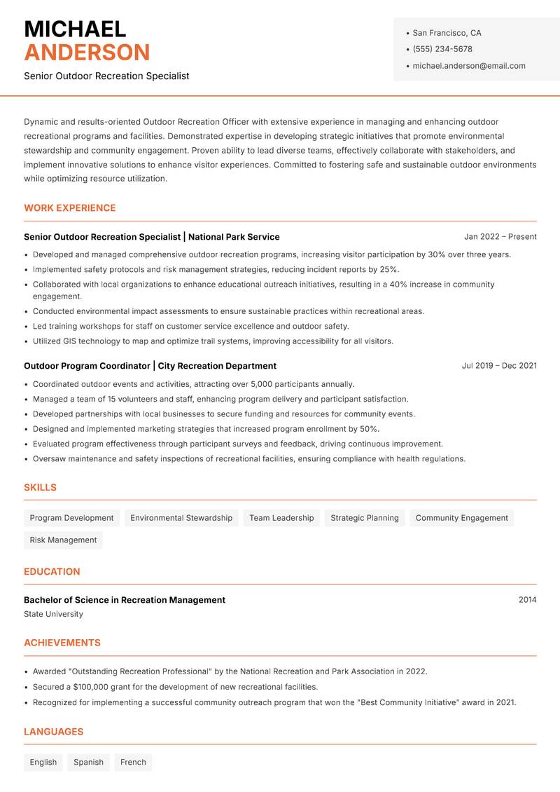 Outdoor Recreation Officer resume sample — Senior Outdoor Recreation Specialist focus
