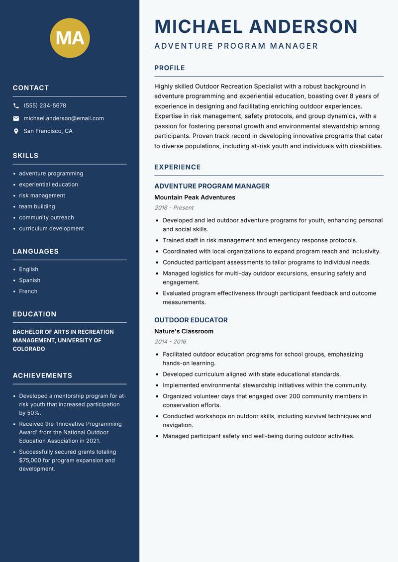 Outdoor Recreation Specialist resume sample — Adventure Program Manager focus