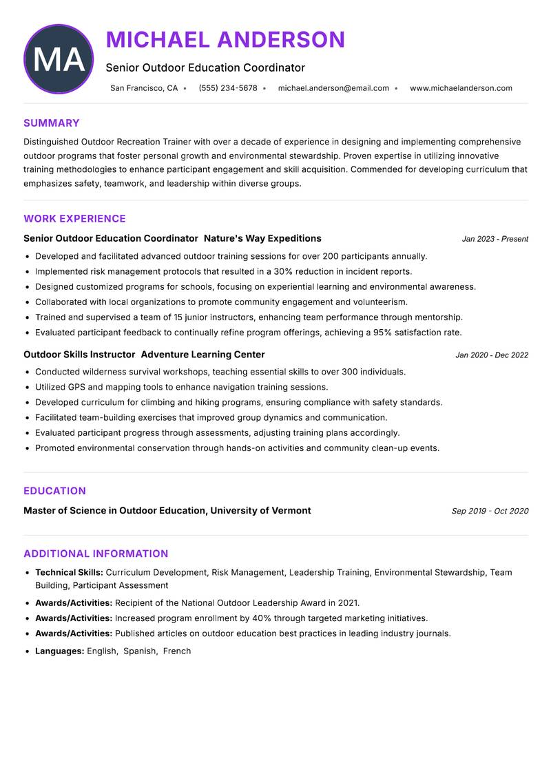 Outdoor Recreation Trainer resume example