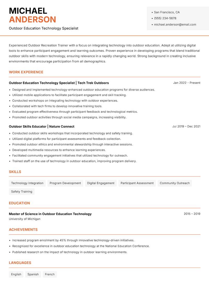 Outdoor Recreation Trainer resume sample — Outdoor Education Technology Specialist focus