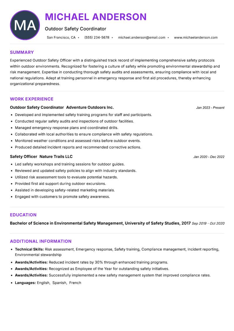 Outdoor Safety Officer resume example