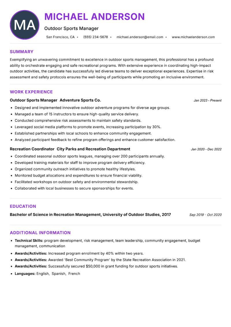 Outdoor Sports Coordinator resume example