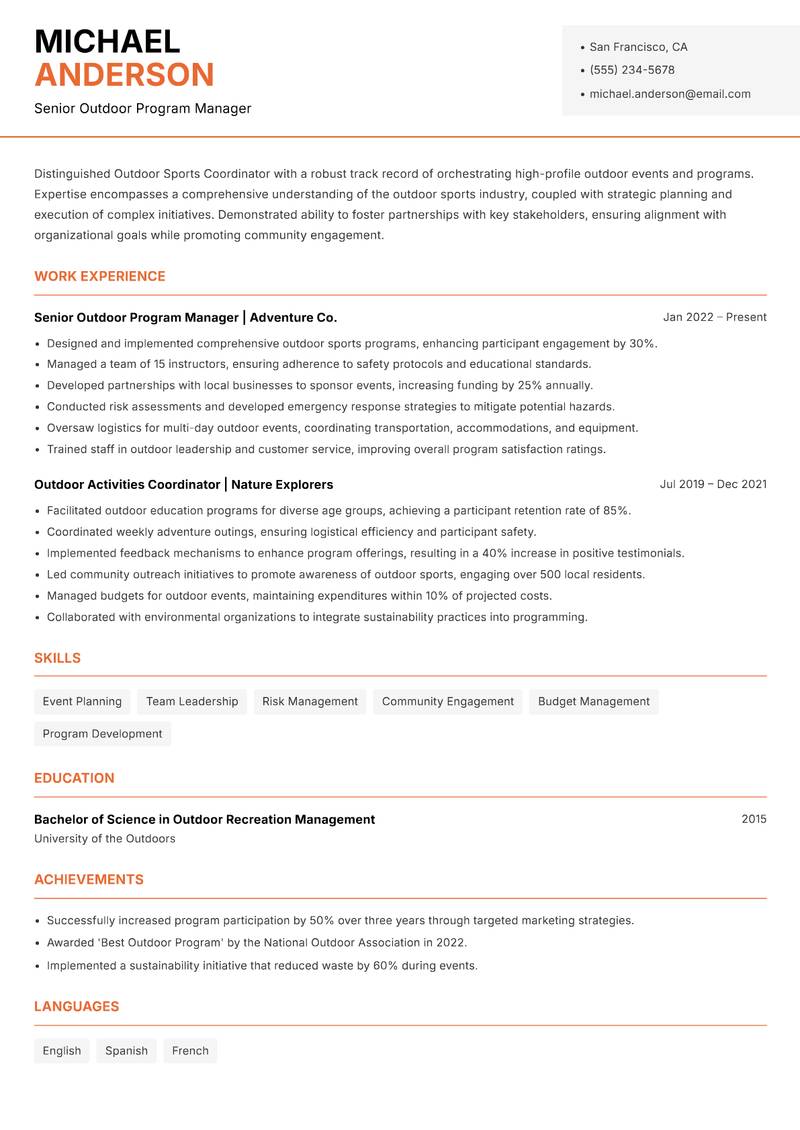 Outdoor Sports Coordinator resume sample — Senior Outdoor Program Manager focus